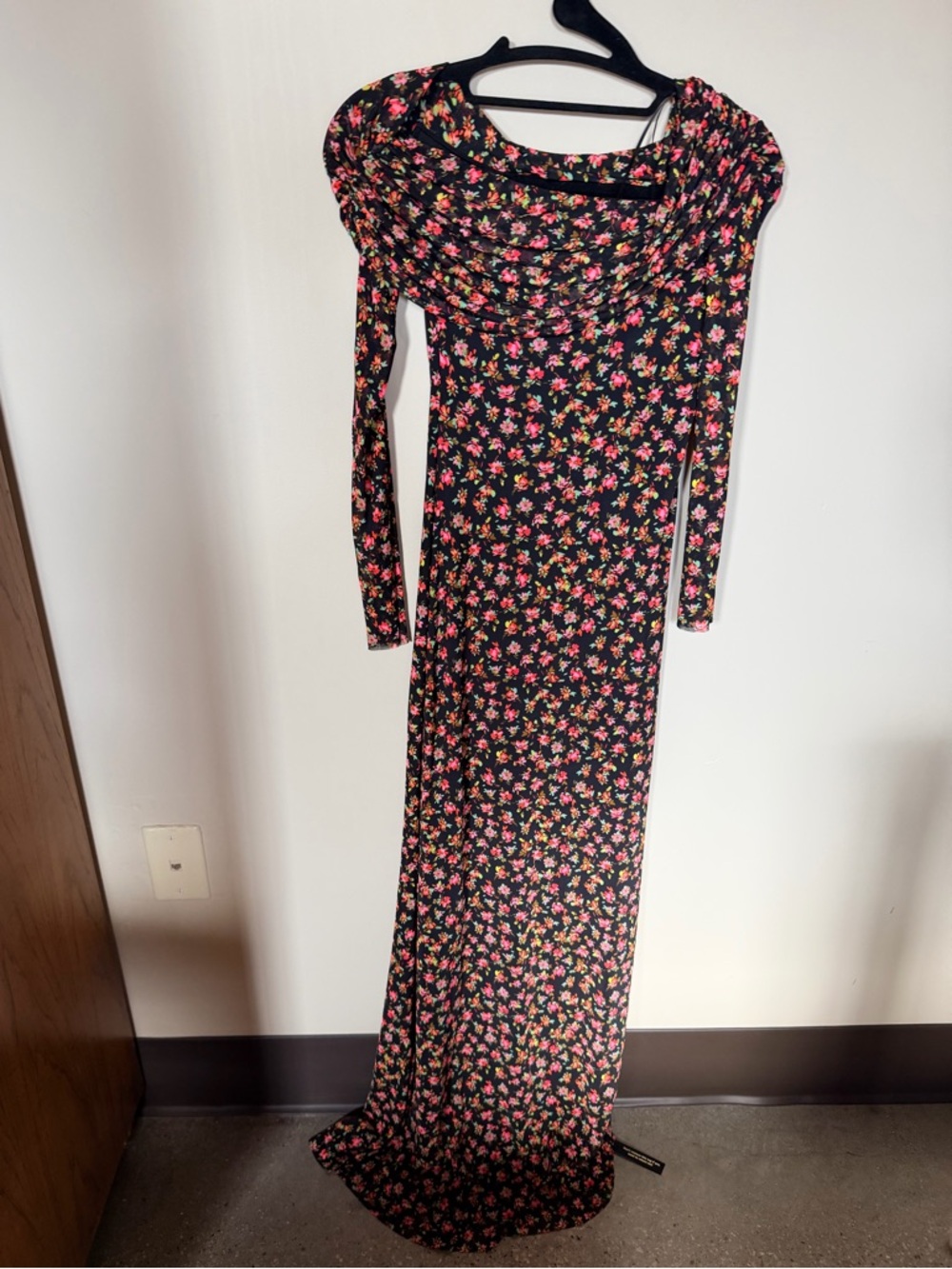 AFRM long sleeve off shoulder mesh maxi wedding guest dress black floral XS - Picture 2 of 6